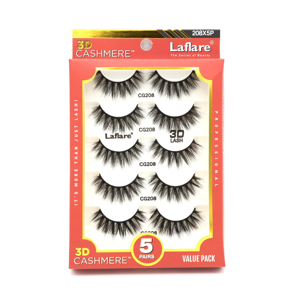 Laflare 3D Cashmere False Eyelashes Multipack Ultra Soft Glam Luxurious Cruelty-Free Reusable Fake Eyelashes 5 Pairs Value Pack (208X5P)